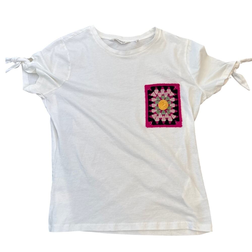 NAF NAF VTG Short Sleeve Tie Crochet Tee Shirt White Women's Size Medium